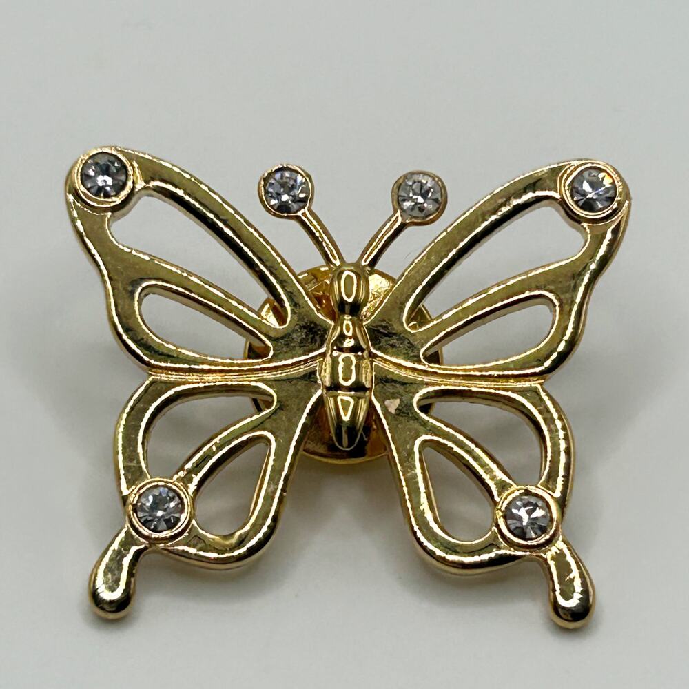 Gold Tone Vintage Butterfly Pin Brooch with Clear Rhinestone Gems EUC